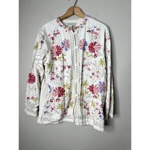 Vermont Country Store M Embroidered Floral Button Cardigan Boho Linen Romantic